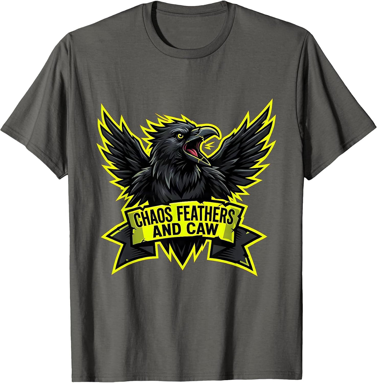 Men's Chaos Feathers and Caw Crow Design T-Shirt - Asphalt Grey