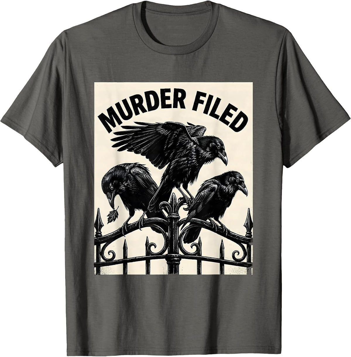 Men's Murder Filed Scratchboard Crow Dark Humor Gothic Bird Lover T-Shirt - Asphalt Grey