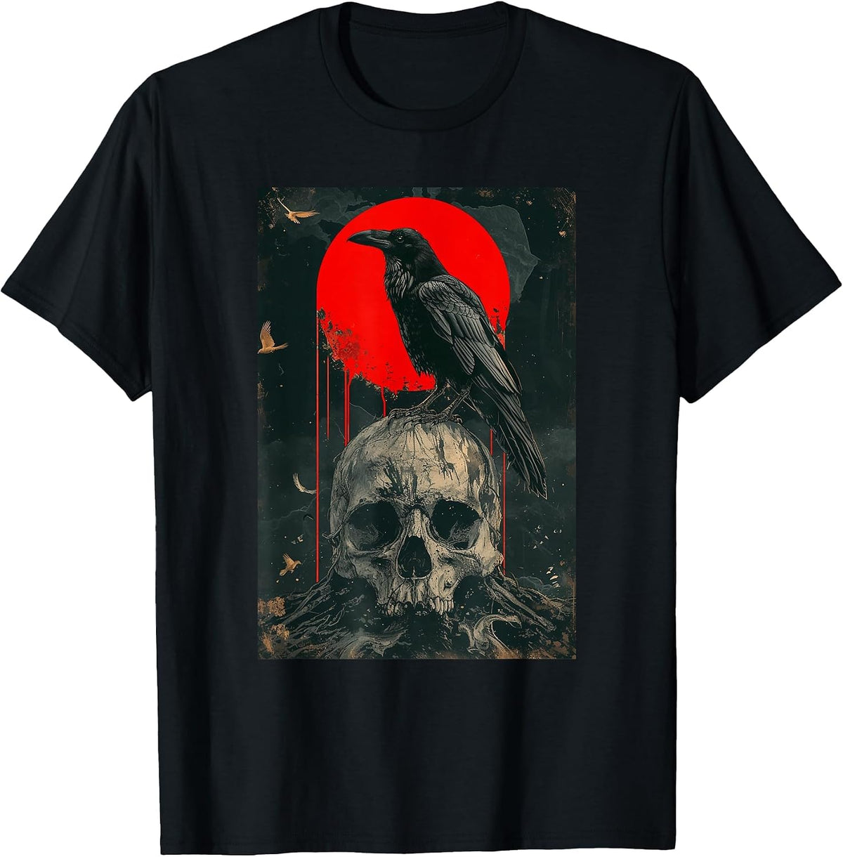 Red Moon Black Gothic Raven Graphic Skull Black Crow T-Shirt - Black