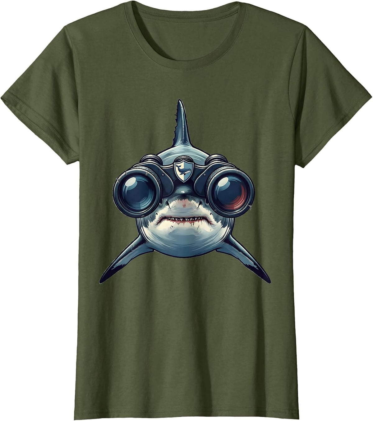 Women's Shark With Binoculars Whale Lover Humor Novelty T-Shirt - Olive Green