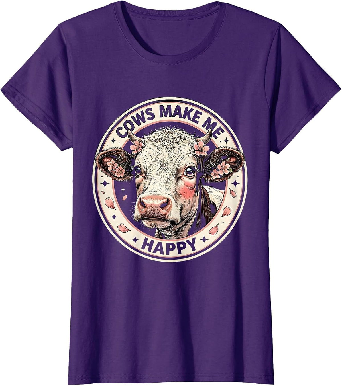Women's Cows Make Me Happy Funny Cow Lover Design T-Shirt - Purple