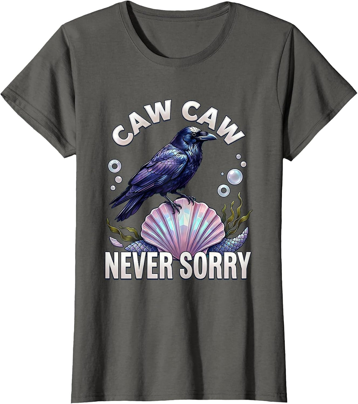 Women's Caw Caw Never Sorry Bold Crow Design T-Shirt - Asphalt Grey