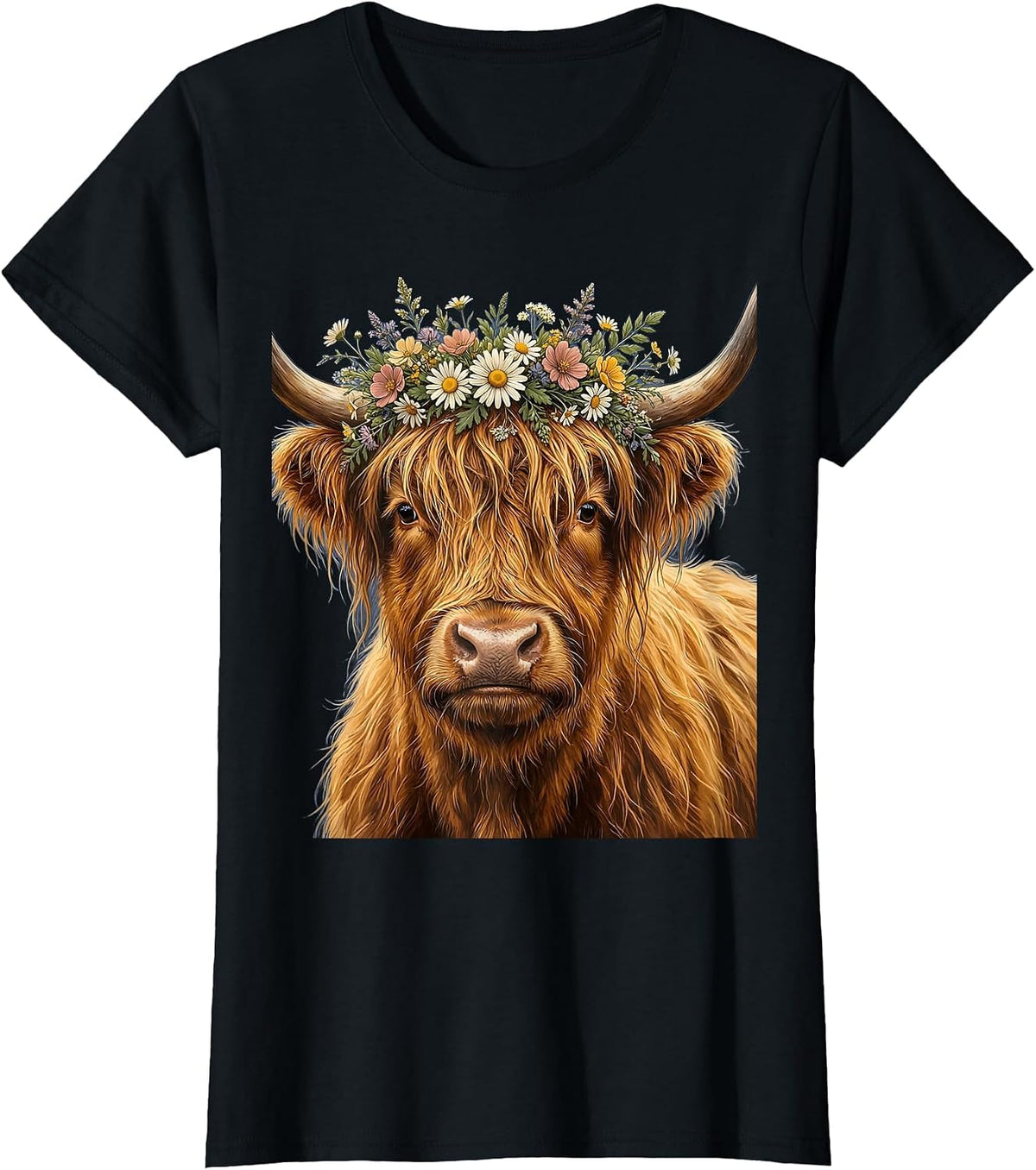 Highland Cow Flower Crown Illustration T-Shirt - Black