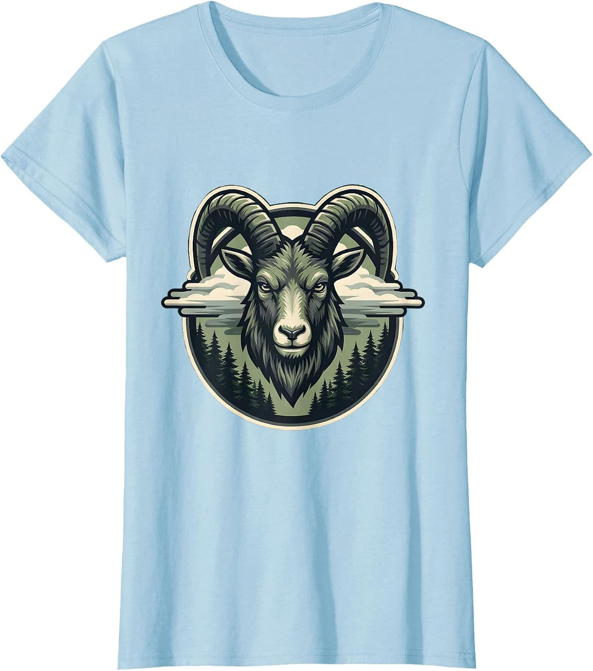 Goat Head Emerging From Forest Fog Illustration T-Shirt - Baby Blue