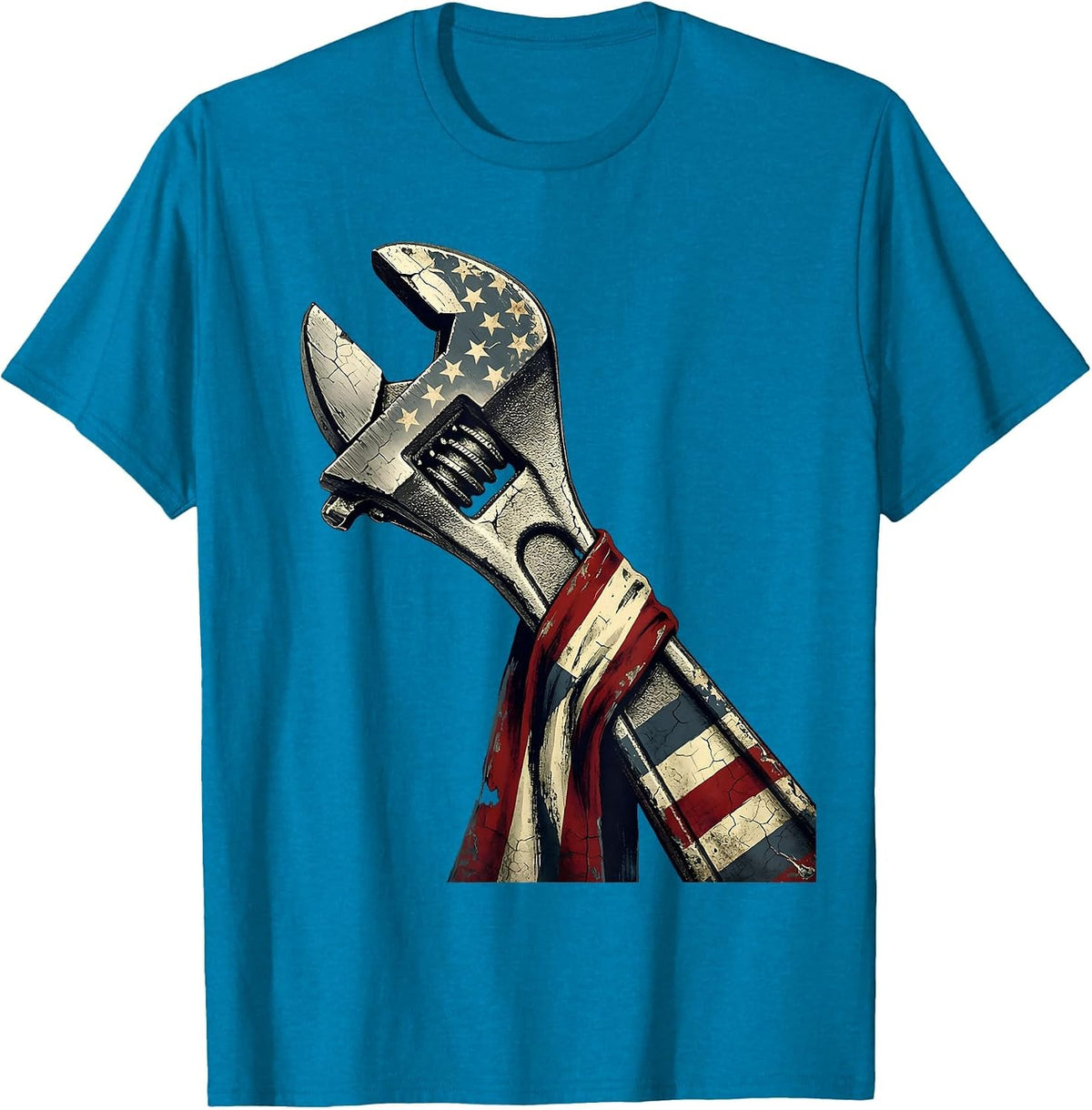 Labor Day American Flag Giant Wrench Graphic T-Shirt - Sapphire Blue