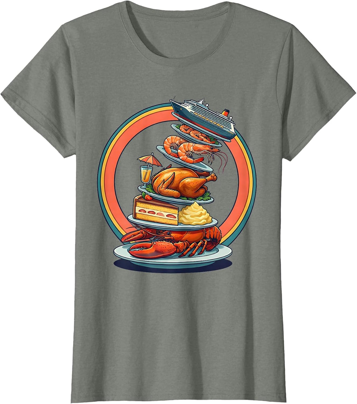 Funny Cruise Ship Buffet Overloaded Plate Design T-Shirt - Olive Heather