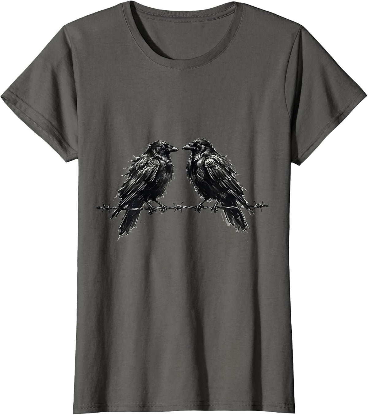Women's Two Crows on Barbed Wire Illustration T-Shirt - Asphalt Grey
