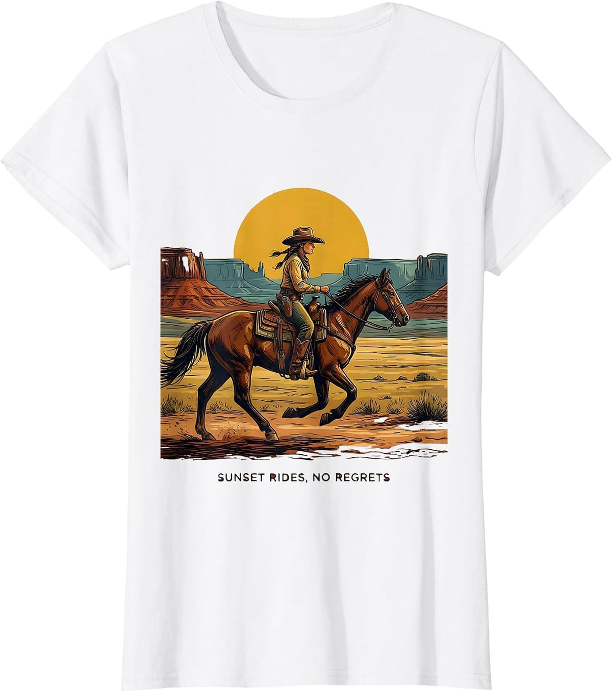 Sunset Rides No Regrets Cowgirl Design T-Shirt - White