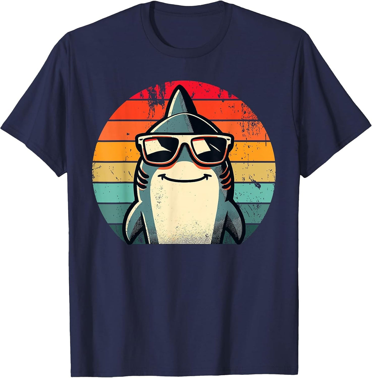 Cool Retro Shark in Sunglasses 70s 80s 90s Funny Shark T-Shirt - Navy Blue