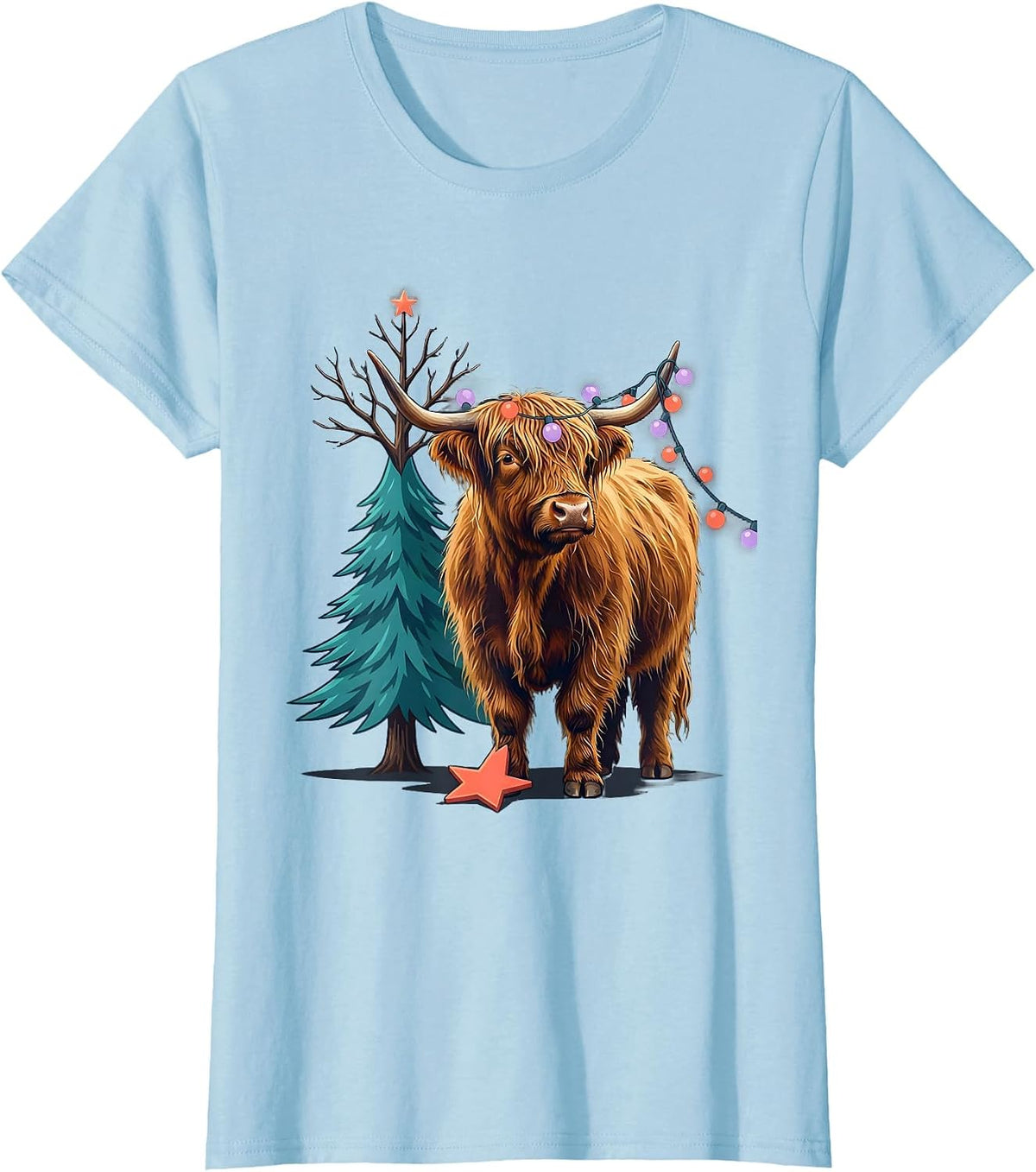 Women's Highland Cow Christmas Holiday Humor Funny Farm Animal T-Shirt - Baby Blue