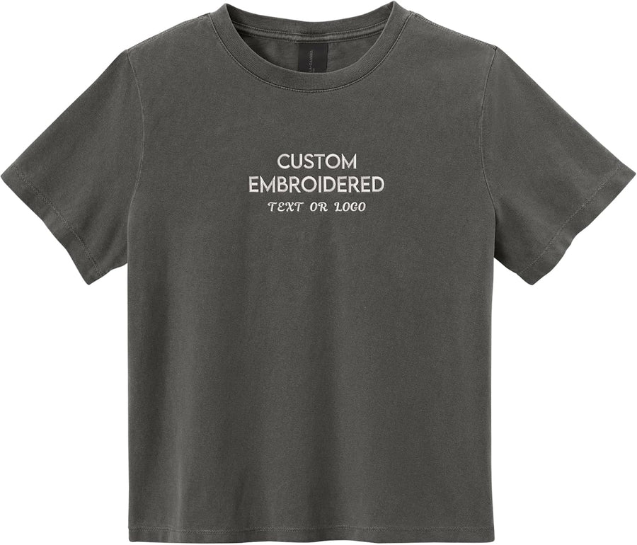 Custom Embroidered Women's Tee Personalized Name Text Logo Short Sleeve Shirt Heavyweight Garment-Dyed - Washed Charcoal