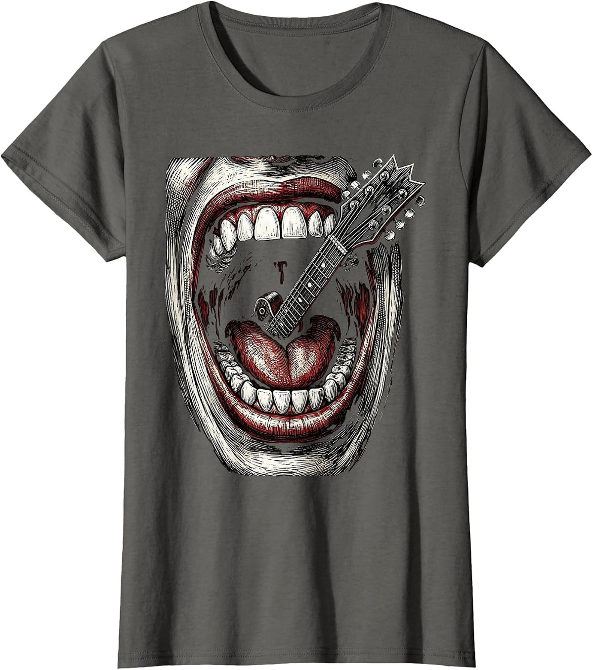 Women's Rock and Roll Screaming Mouth Electric Guitar Art T-Shirt - Asphalt Grey