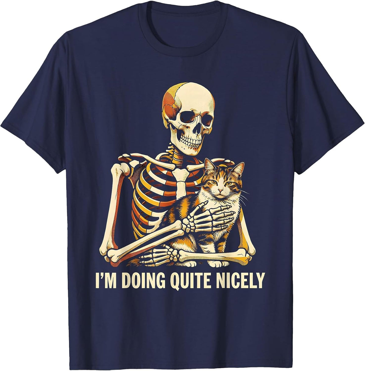 Men's I'm Doing Quite Nicely Risograph Skeleton Hugging Cat T-Shirt - Navy Blue