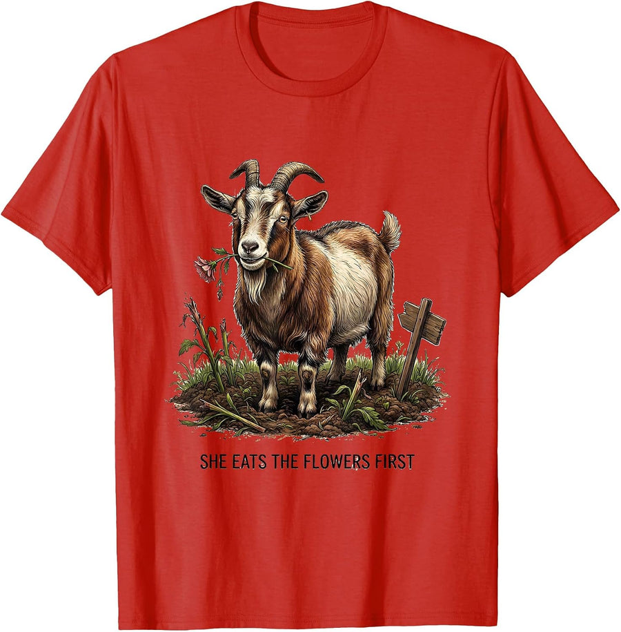 Men's She Eats The Flowers First Funny Goat Lover Farm Animal T-Shirt - Red