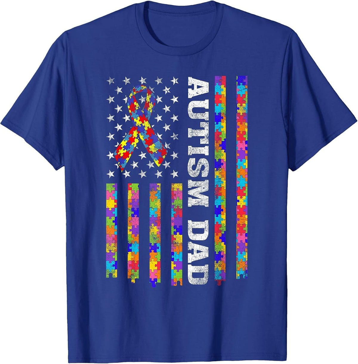 Proud Autism Dad Puzzle Piece Ribbon US American Flag T-Shirt - Royal Blue
