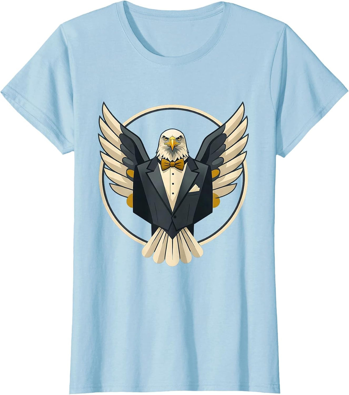 Eagle in Tuxedo Wings Spread Graphic Design T-Shirt - Baby Blue