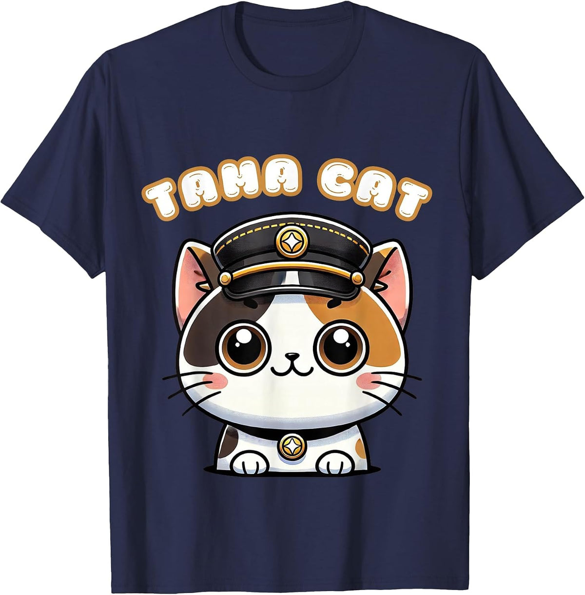 Tama Cat Railway Officer Kawaii Calico Cute Japanese T-Shirt - Navy Blue
