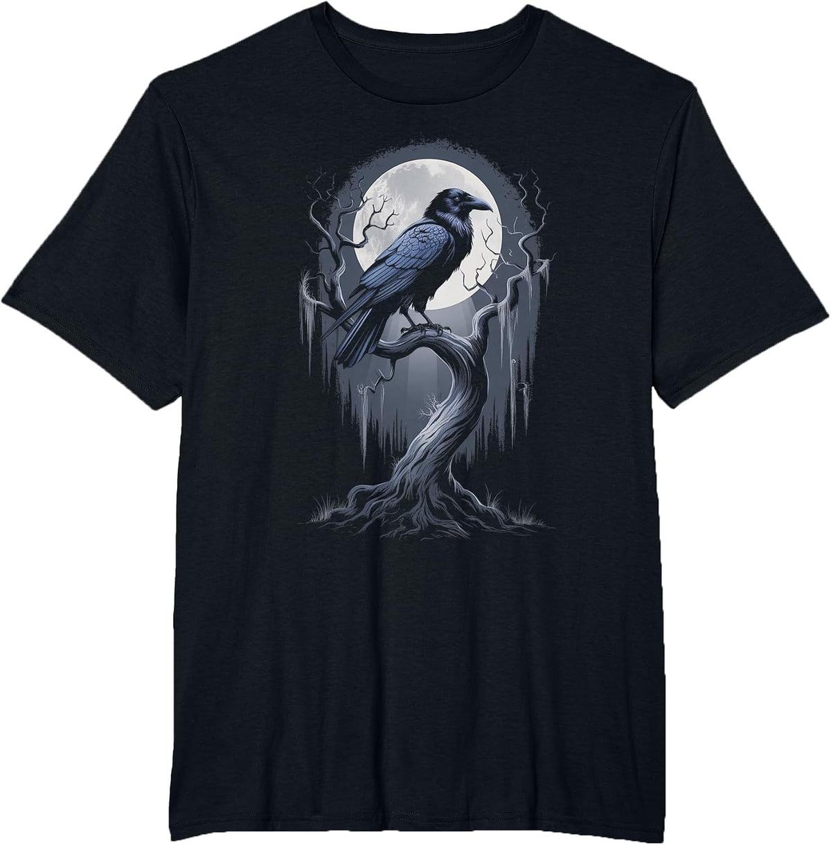 Black Crow Raven Bird Moon Forest T-Shirt - Black