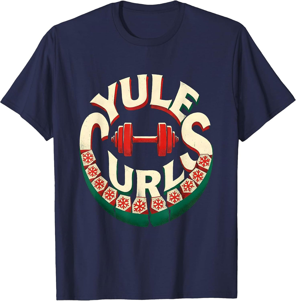 Men's Yule Curls Funny Christmas Gym Weightlifting Fitness Pun T-Shirt - Navy Blue