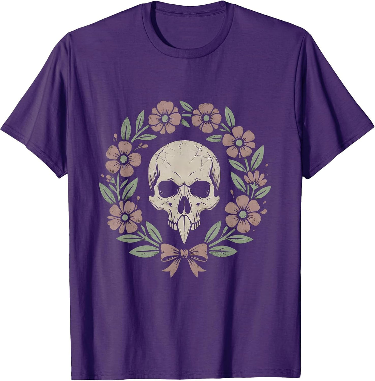 Crow Skull Wildflowers Halloween Gothic Floral Art T-Shirt - Purple