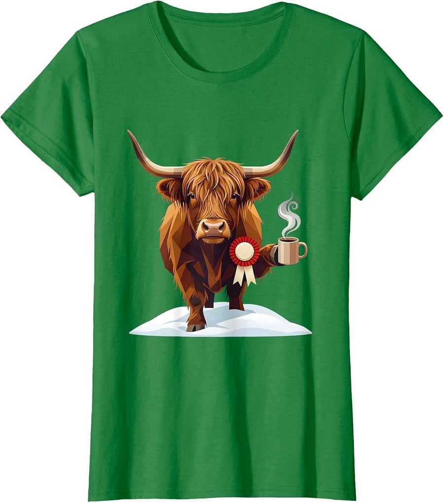 Women's Highland Cow Christmas Costume Holiday Cow Lover Humor T-Shirt - Kelly Green