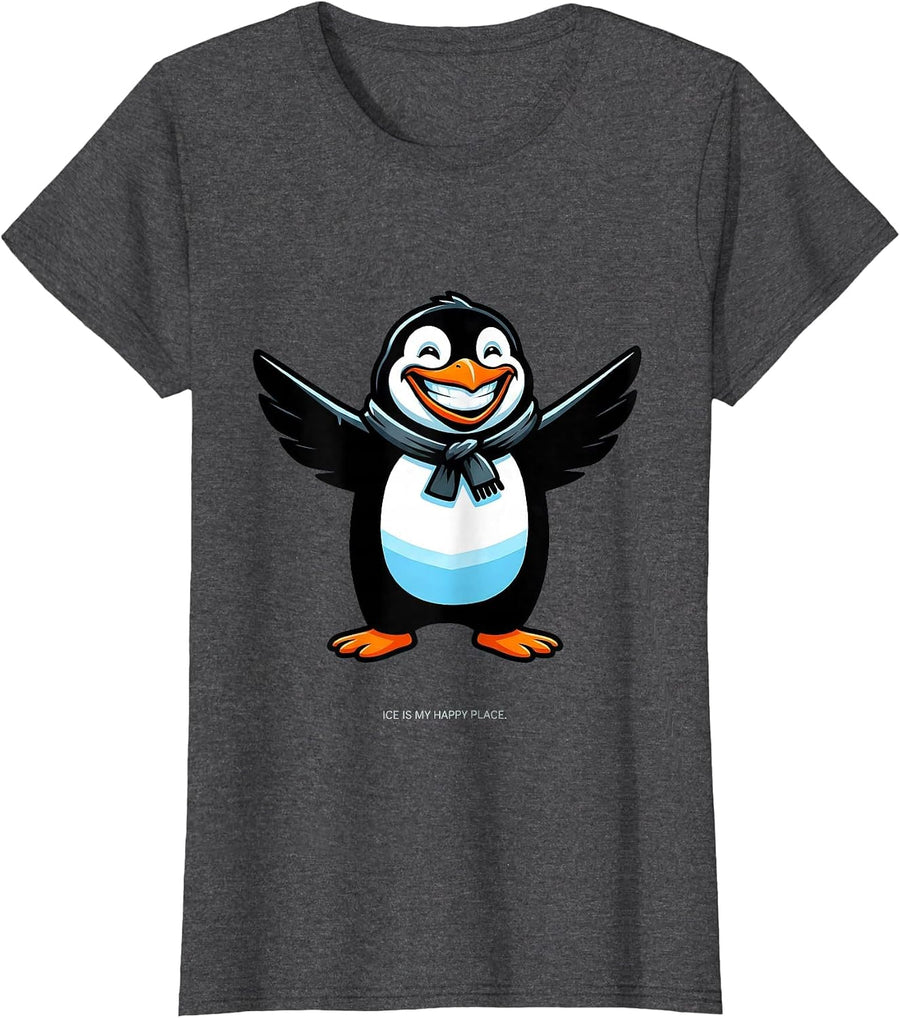 Women's Ice Is My Happy Place Penguin Design T-Shirt - Dark Heather Grey