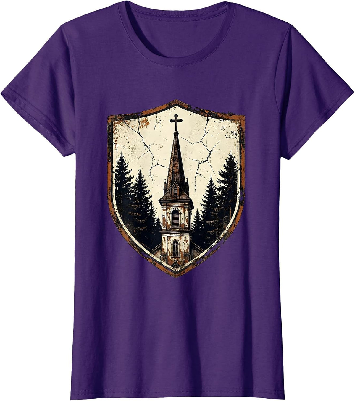 Women's God Family Country Old Church Steeple Design T-Shirt - Purple