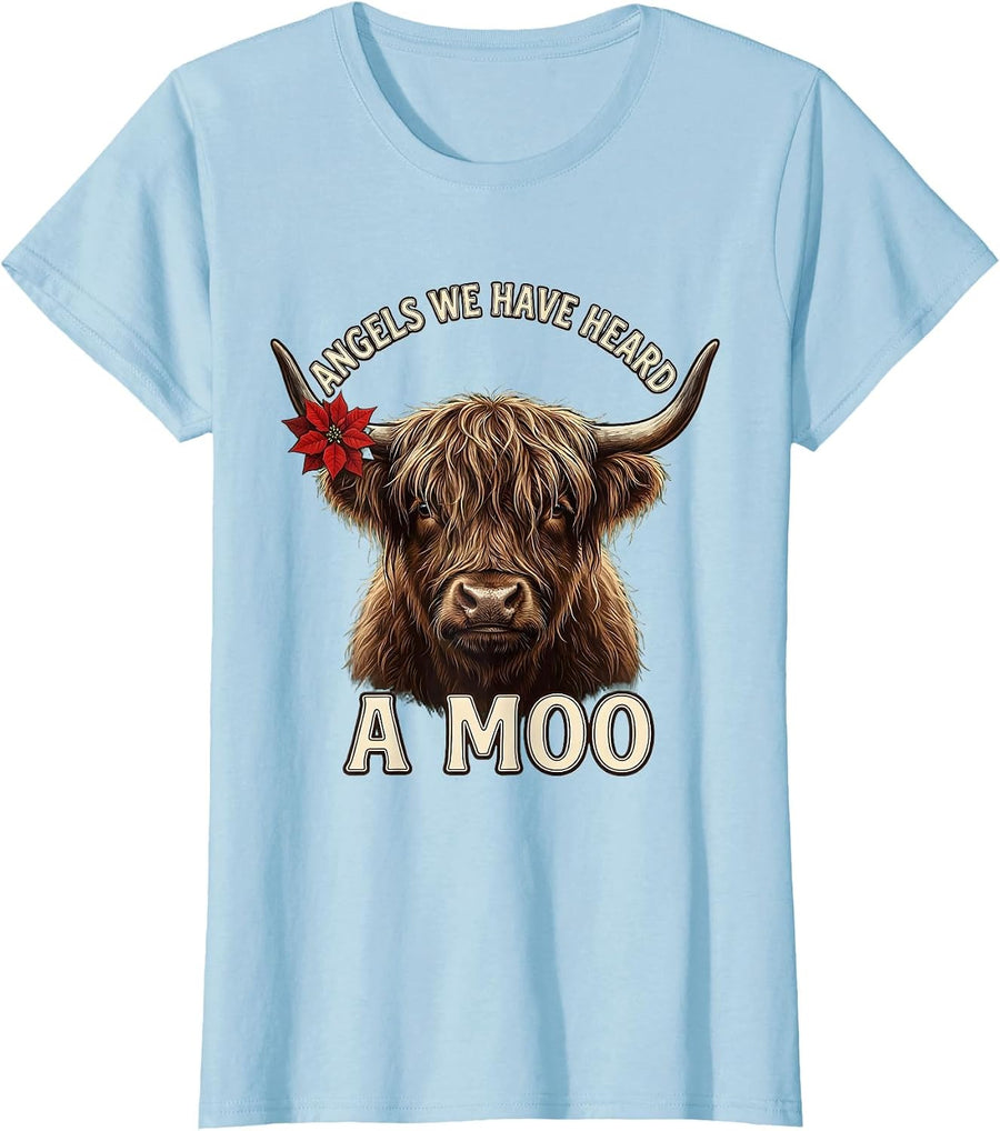 Women's Angels We Have Heard A Moo Highland Cow Christmas Farm Humor T-Shirt - Baby Blue
