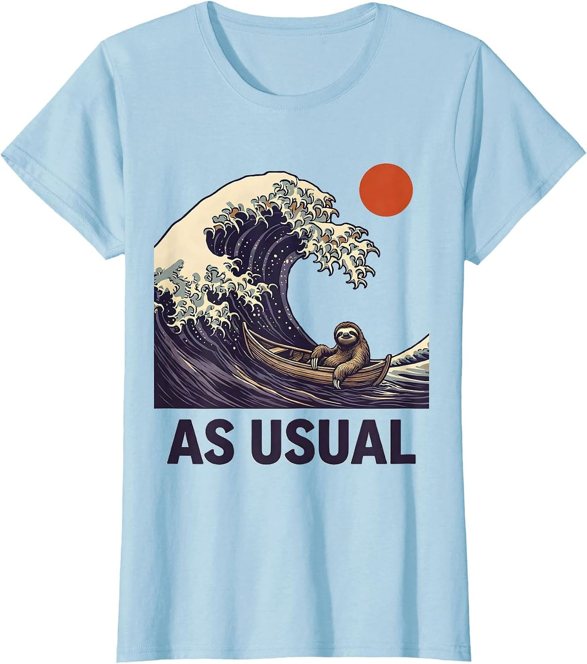 As Usual Funny Sloth Japanese Great Wave Animal Meme T-Shirt - Baby Blue