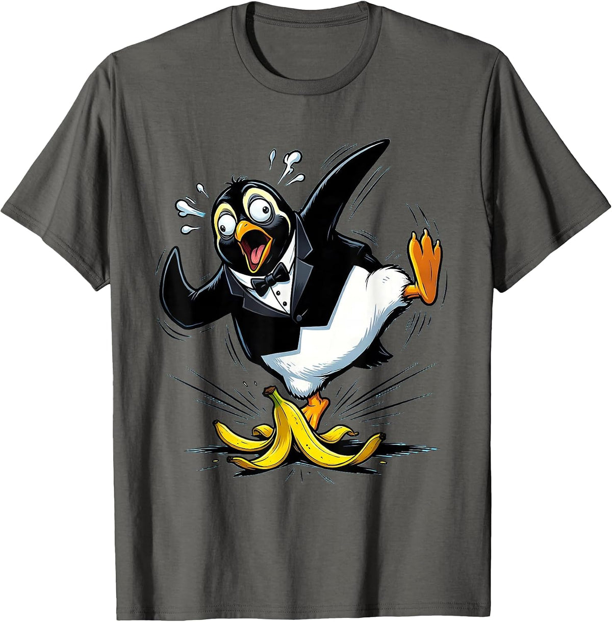 Men's Dramatic Penguin Banana Peel Slip Funny Art T-Shirt - Asphalt Grey