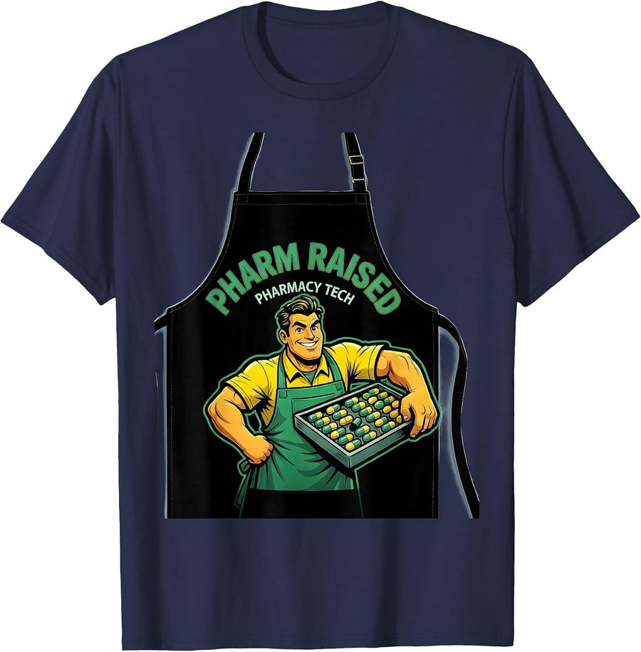 Pharm Raised Pharmacy Tech Funny Pharmacy Technician T-Shirt - Navy Blue