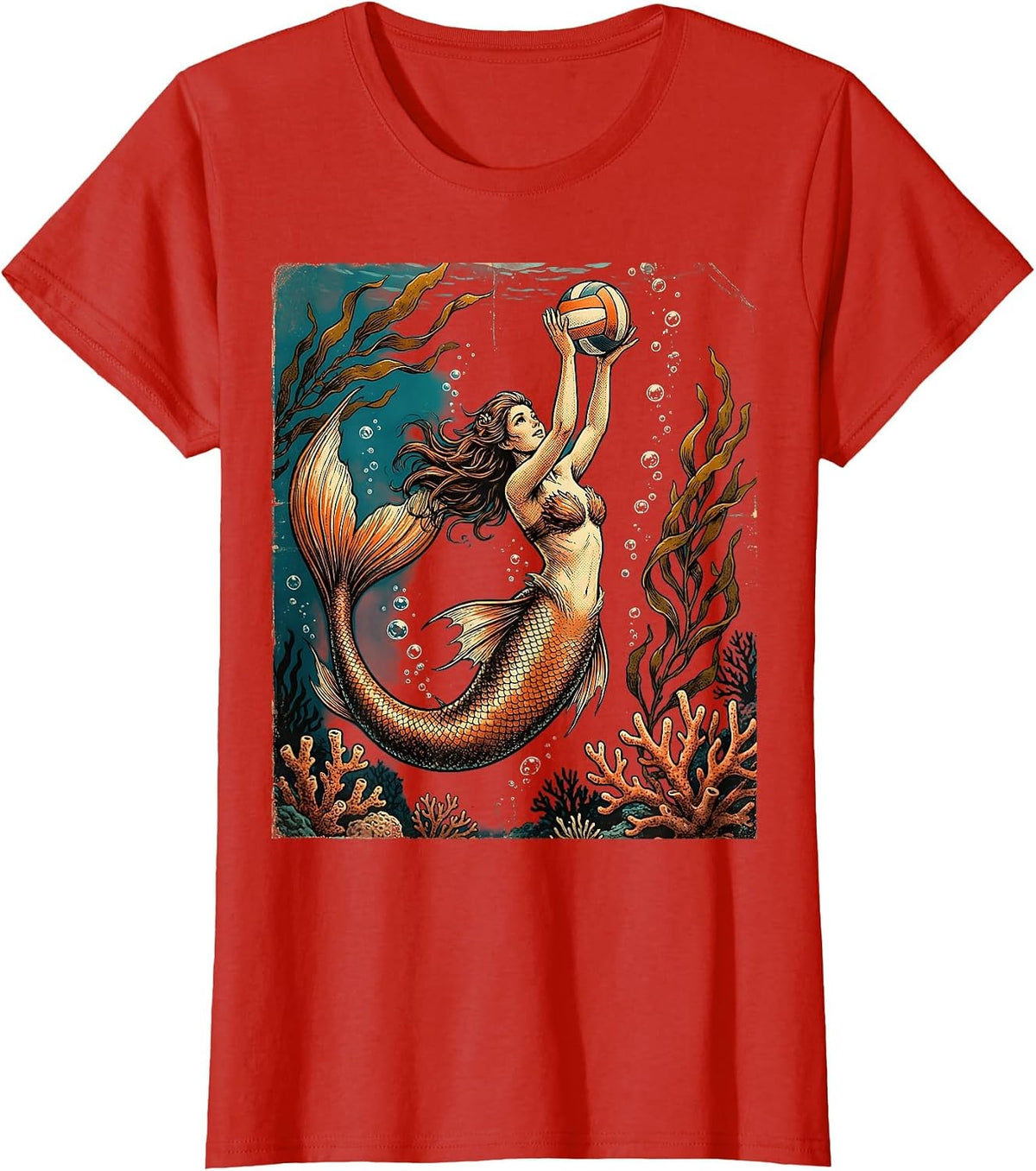 Mermaid Volleyball Player Underwater Art T-Shirt - Red