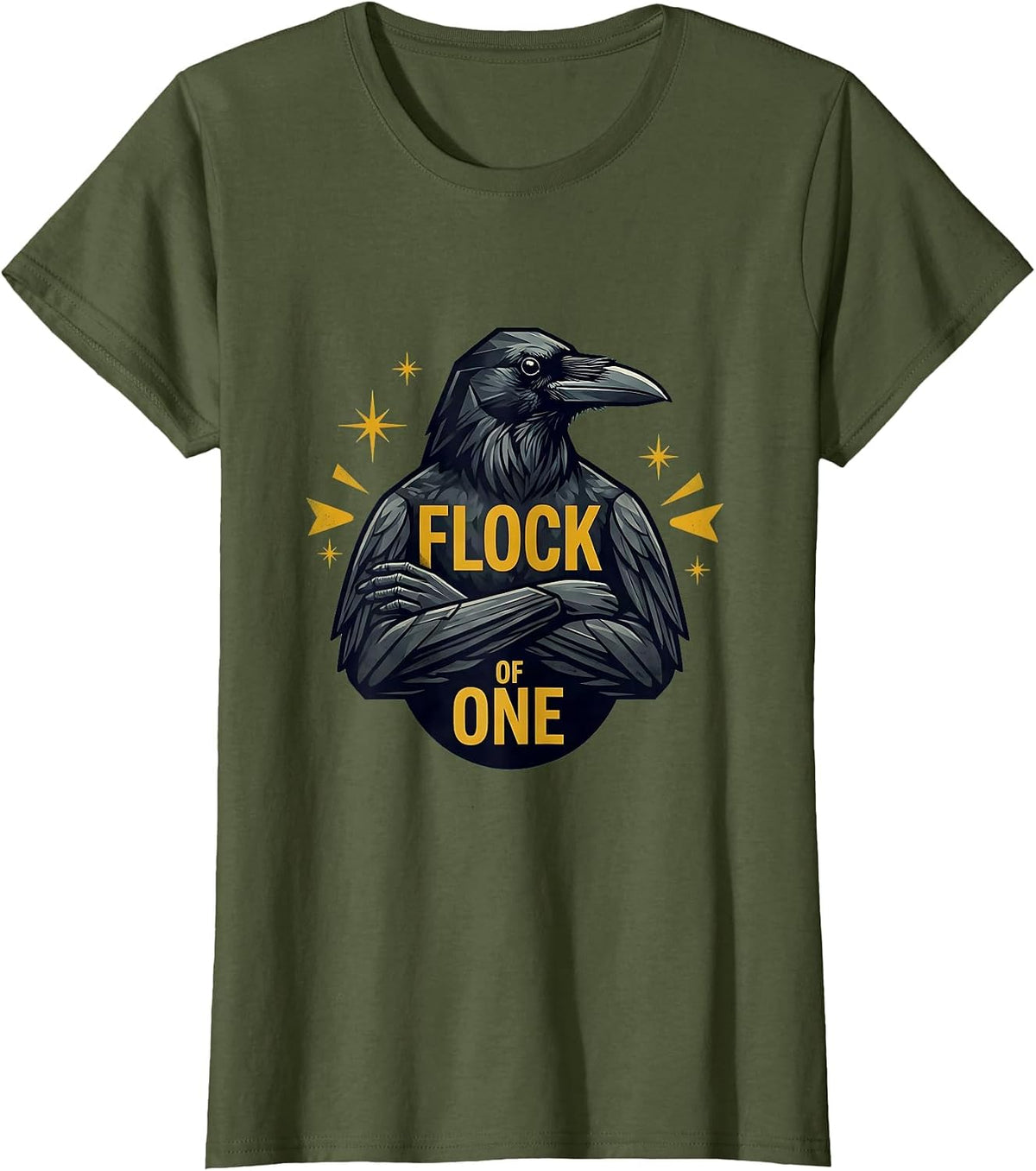 Women's Flock of One Crow Lone Bird Design T-Shirt - Olive Green