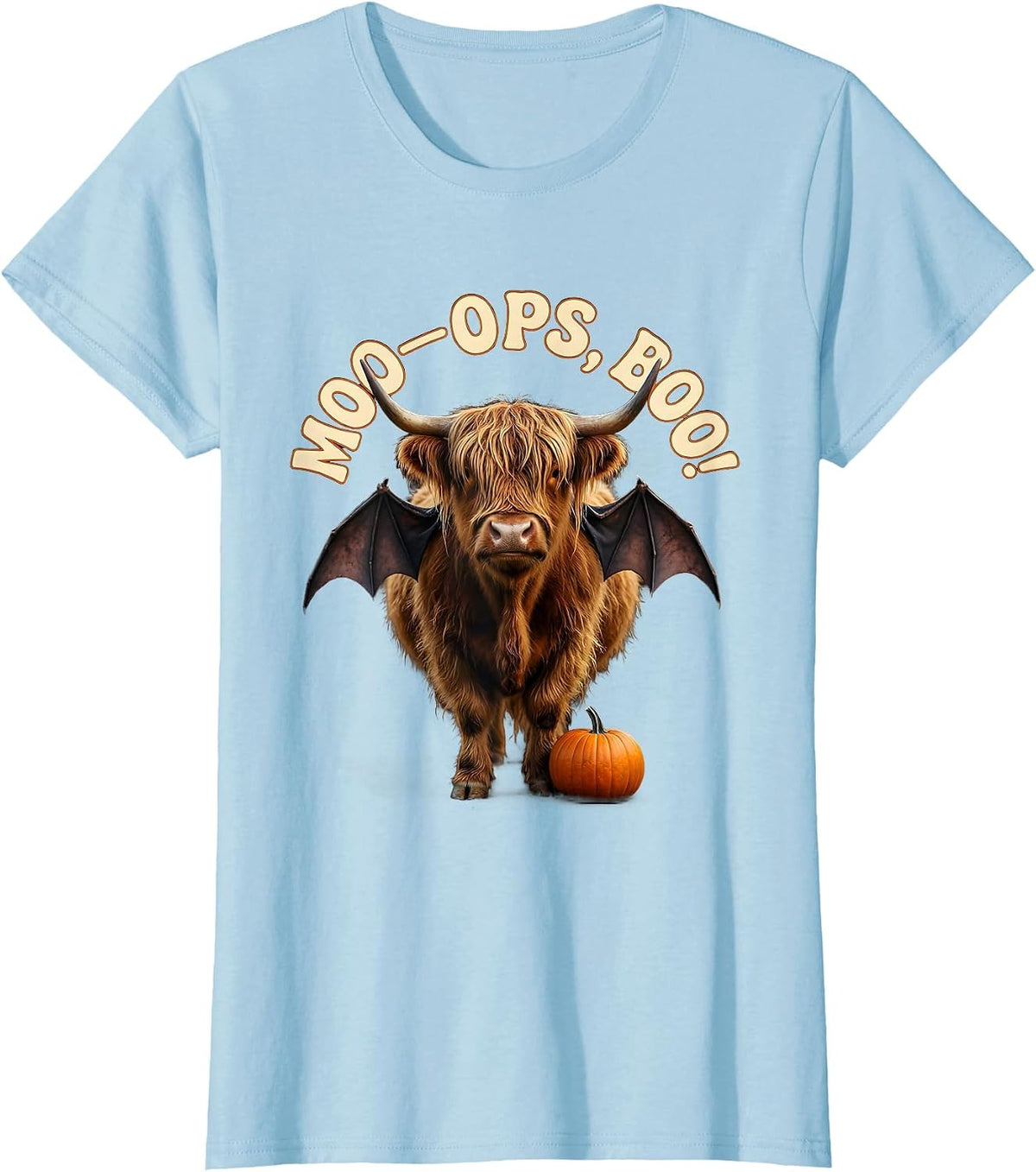 Moo—Oops, Boo! Whimsical Highland Cow Halloween Fall Family T-Shirt - Baby Blue