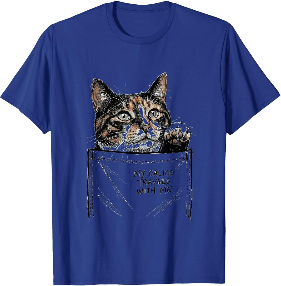 My Calico Travels With Me Cute Cat Lover Hand-Sketched Pet T-Shirt - Royal Blue