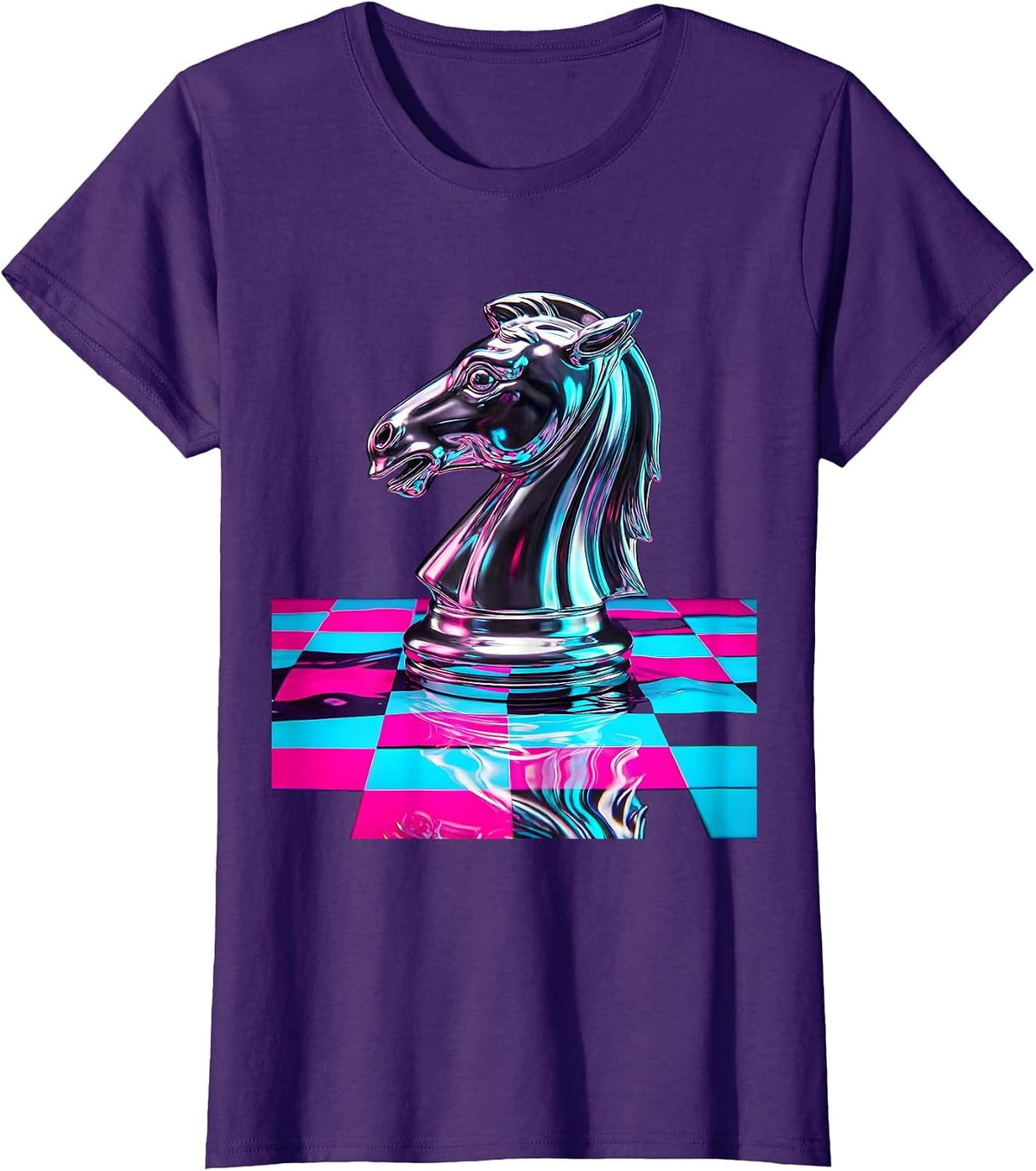 Women's Chess Knight Checkered Board Graphic Design T-Shirt - Purple