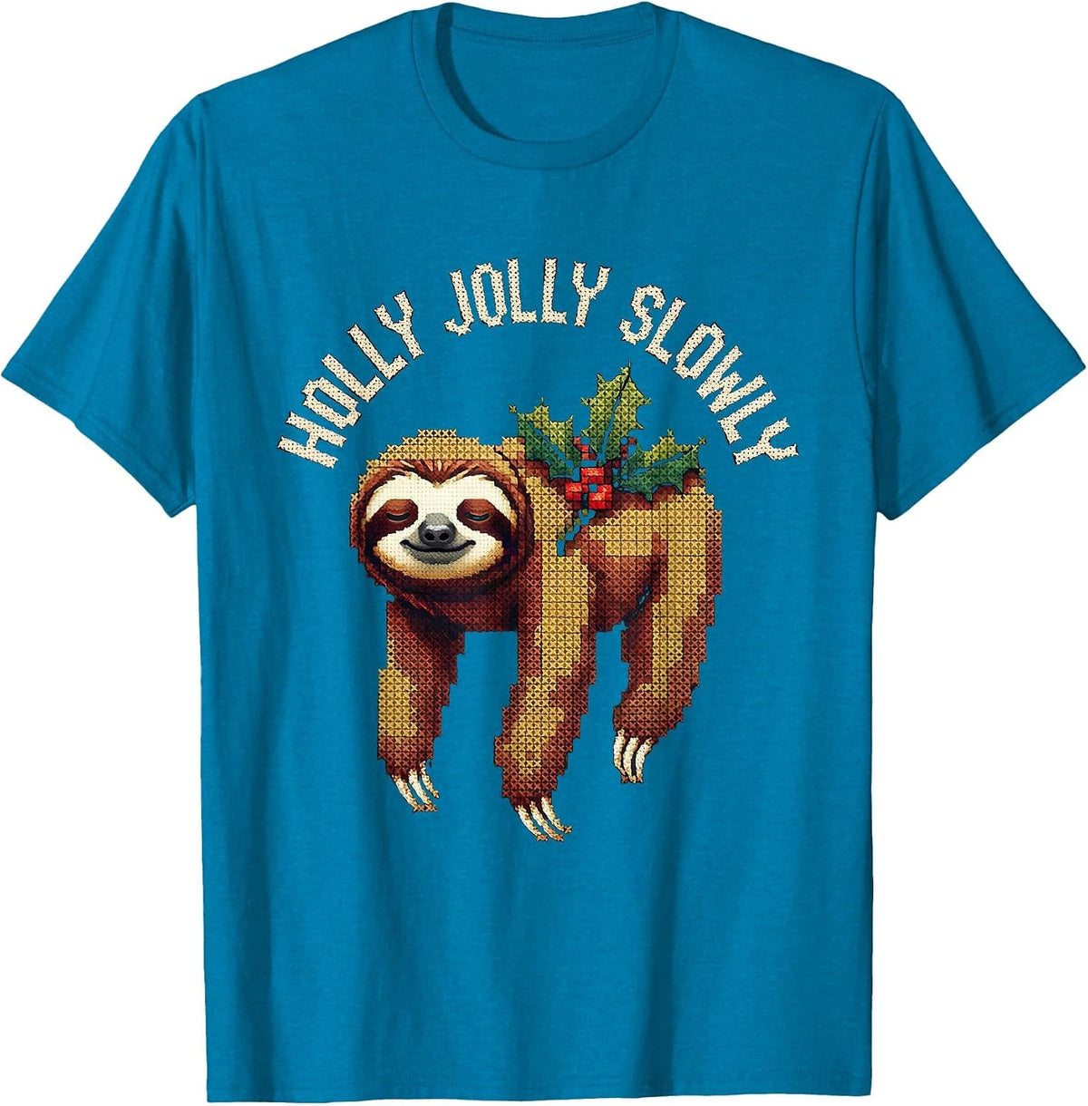 Holly Jolly Slowly Cross Stitch Sampler Sloth Lover T-Shirt - Sapphire Blue