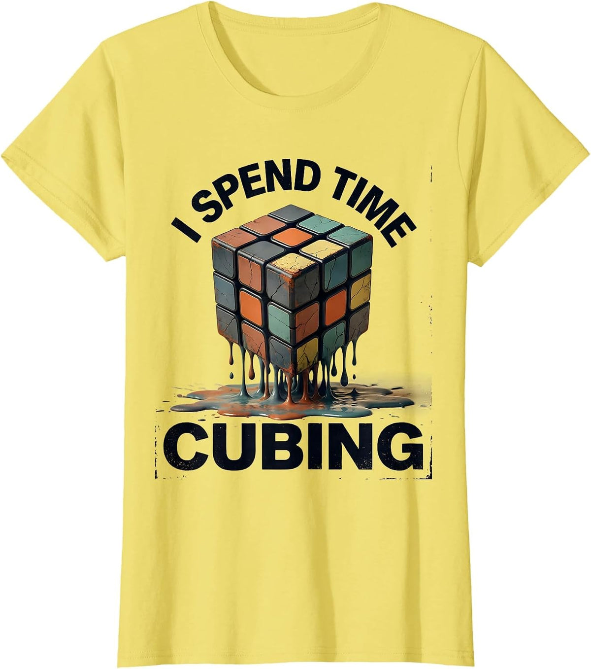 Women's I Spend Time Cubing Distressed Speed Cubing Puzzle Lover T-Shirt - Lemon Yellow
