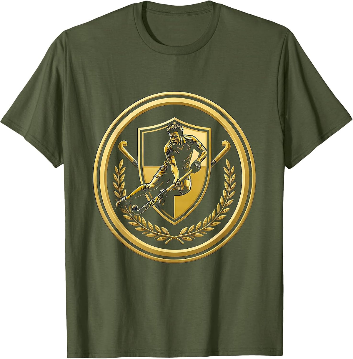 Field Hockey Player Mid-Strike Graphic T-Shirt - Olive Green