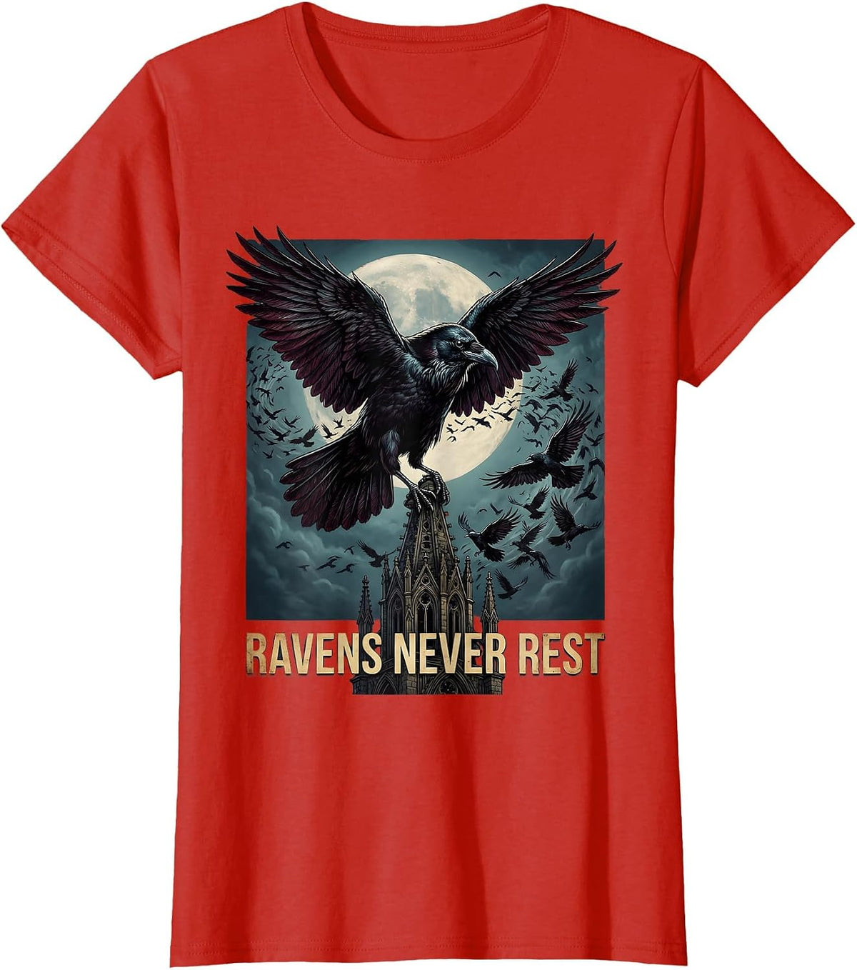 Ravens Never Rest Gothic Dark Bird Design T-Shirt - Red