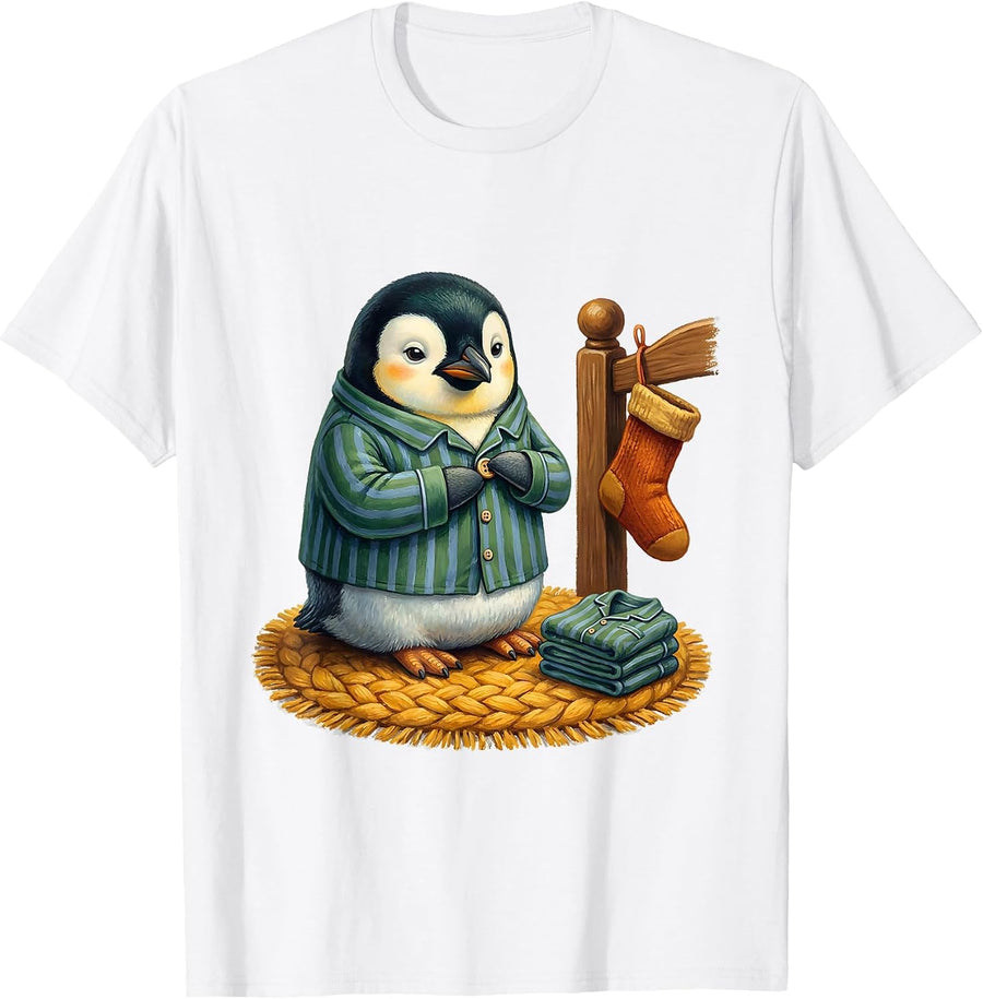 Round Penguin Holiday Pajama Storybook Humor T-Shirt - White