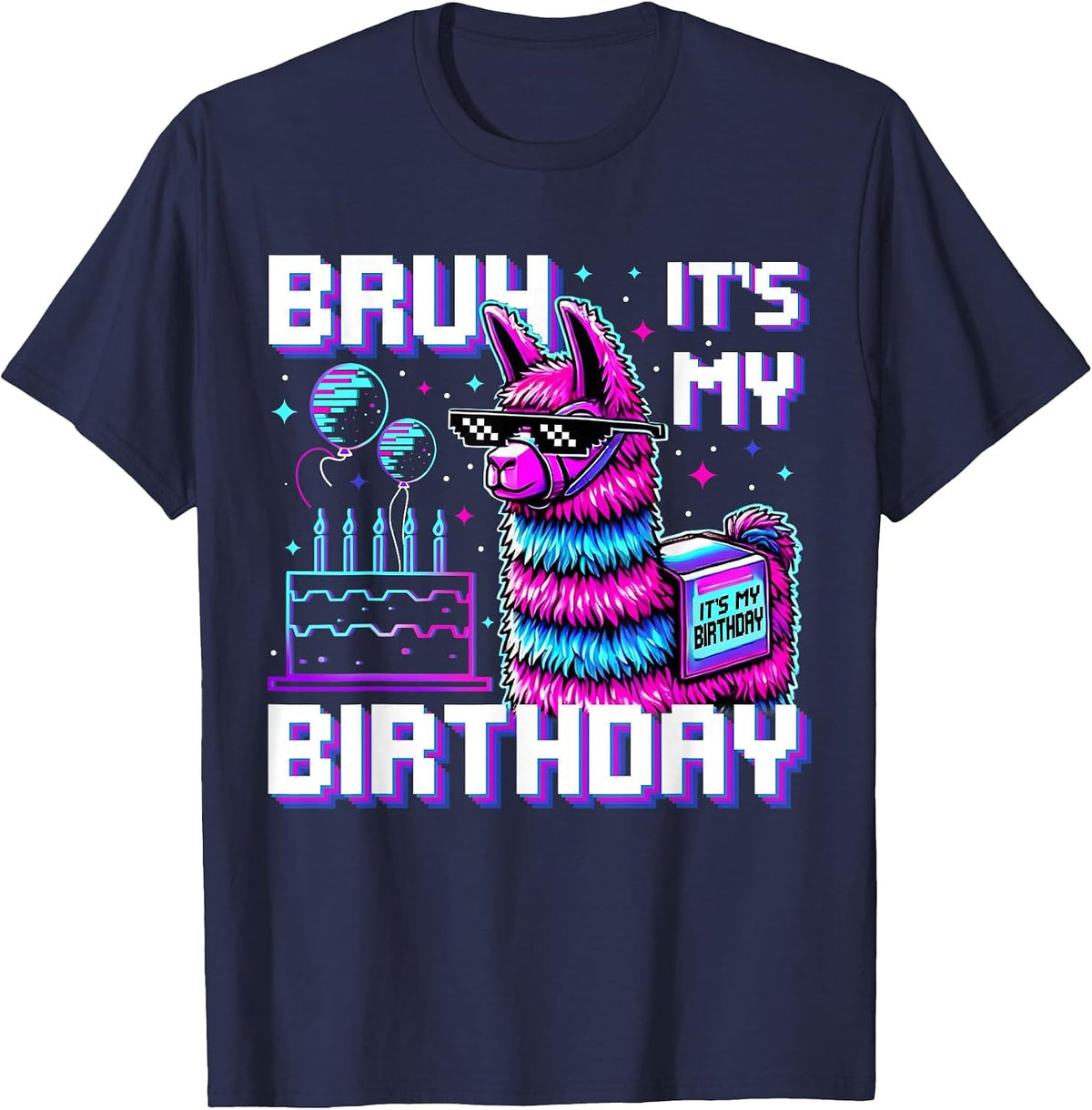 Bruh Its My Birthday Boys Girls Matching Funny Alpaca Theme T-Shirt - Navy Blue
