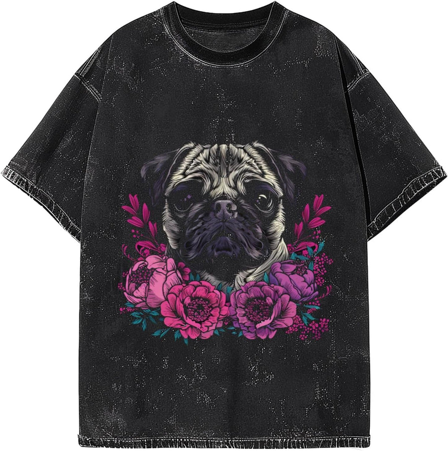 Mens Graphic Cotton T-Shirts Tees Men's Crew Unisex Wash T-Shirts for Men or Women - Pug Dog Pink Flowers