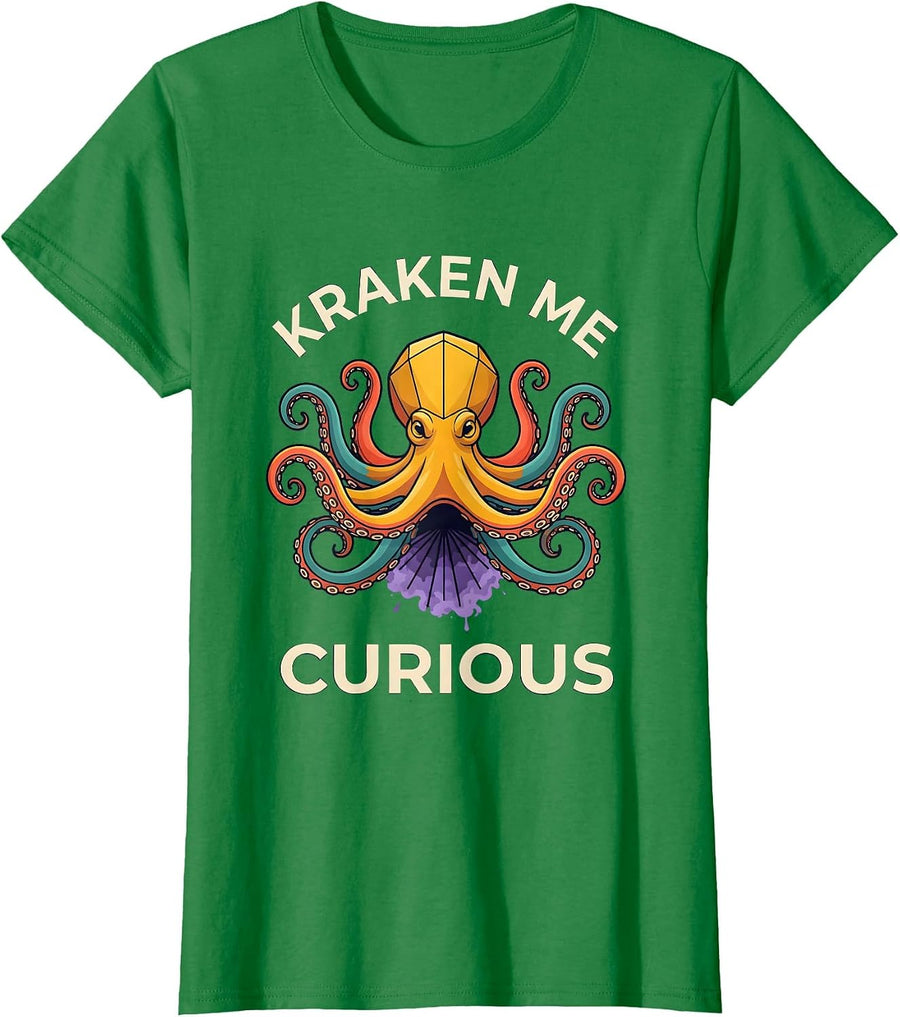 Women's Kraken Me Curious Funny Octopus Lover Vintage Sea Monster T-Shirt - Kelly Green