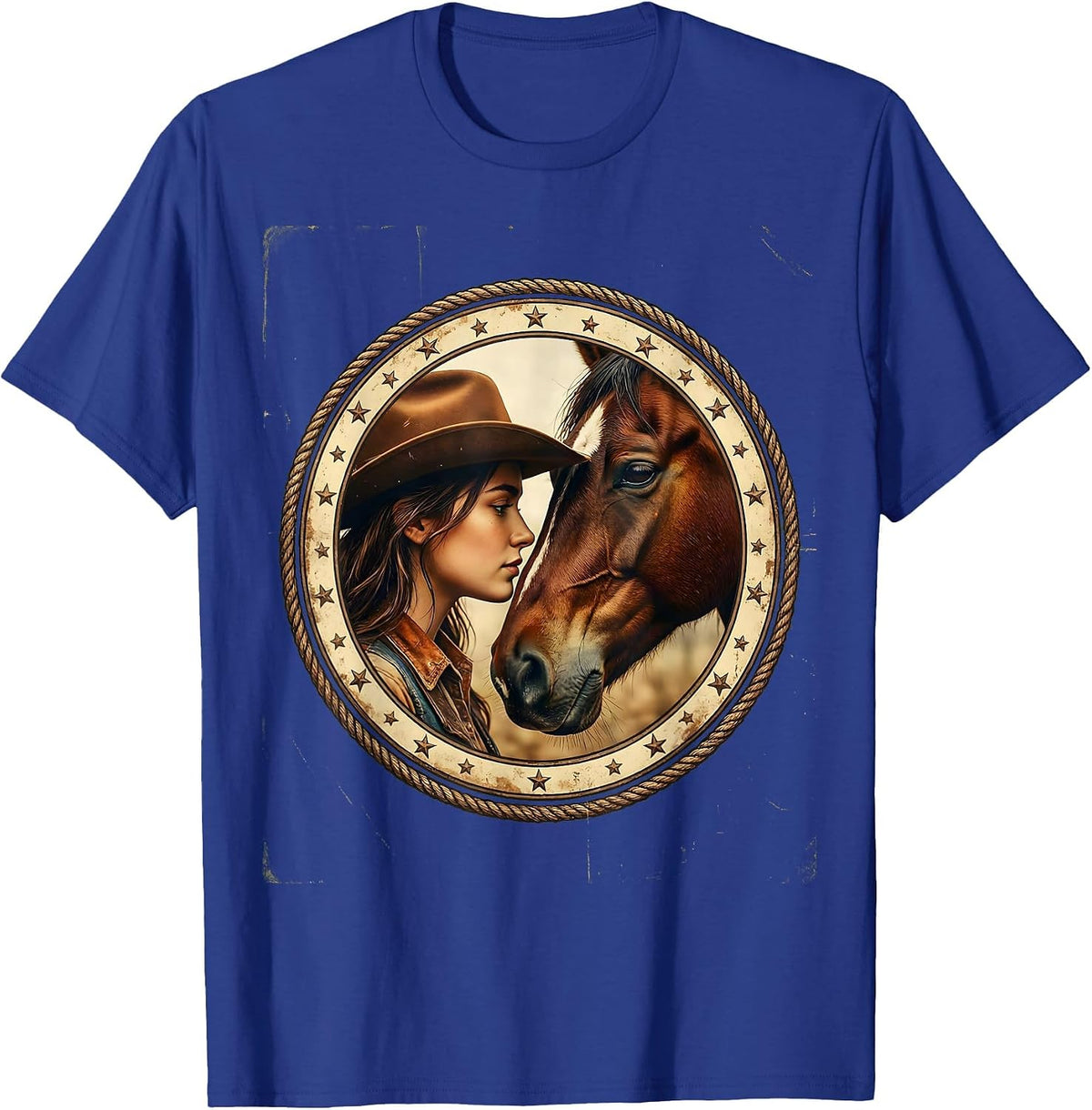 Cowgirl and Horse Nose-to-Nose Portrait Rodeo T-Shirt - Royal Blue