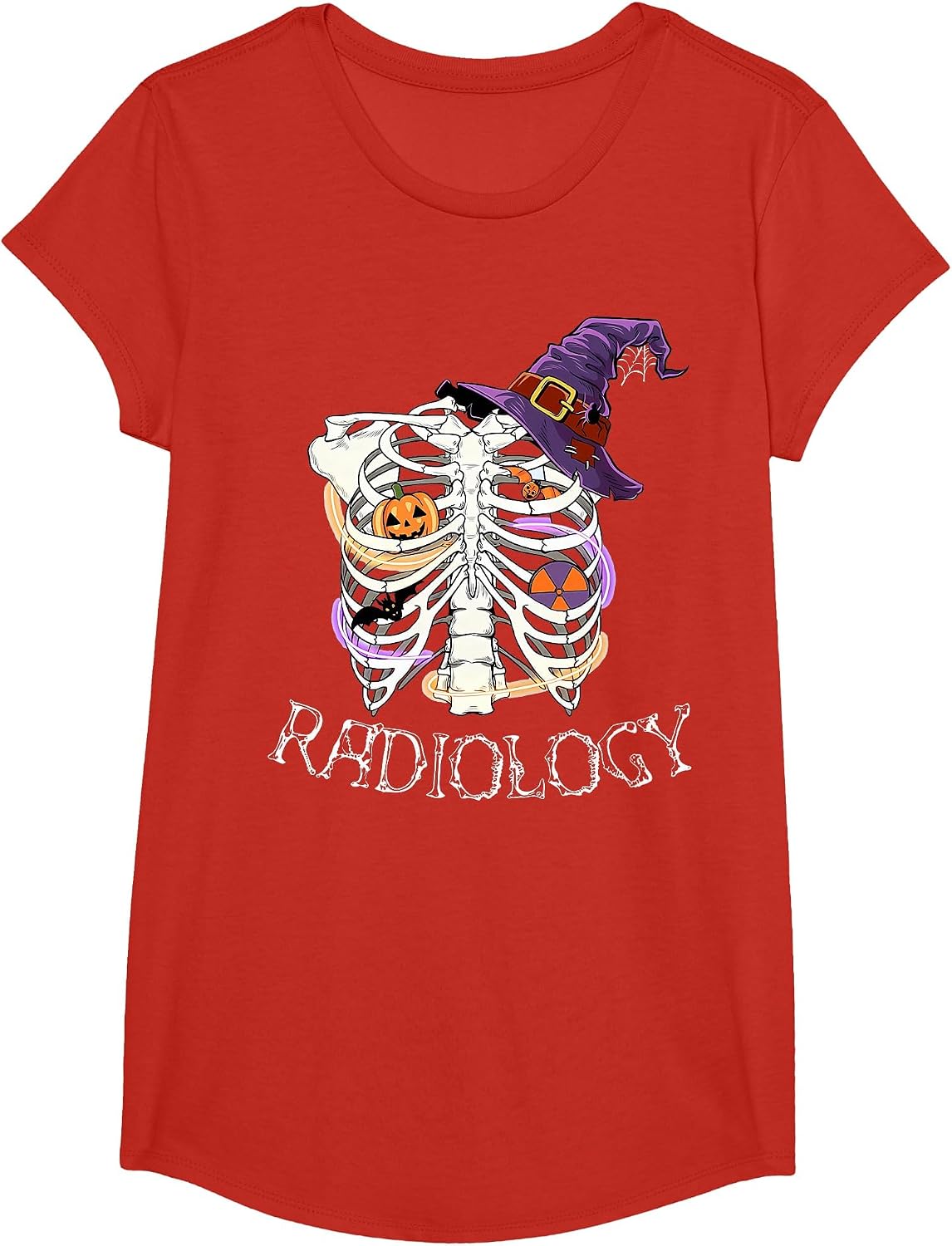 Skeleton Heart Radiology Halloween Witch Hat Radiologist T-Shirt - Girls Red