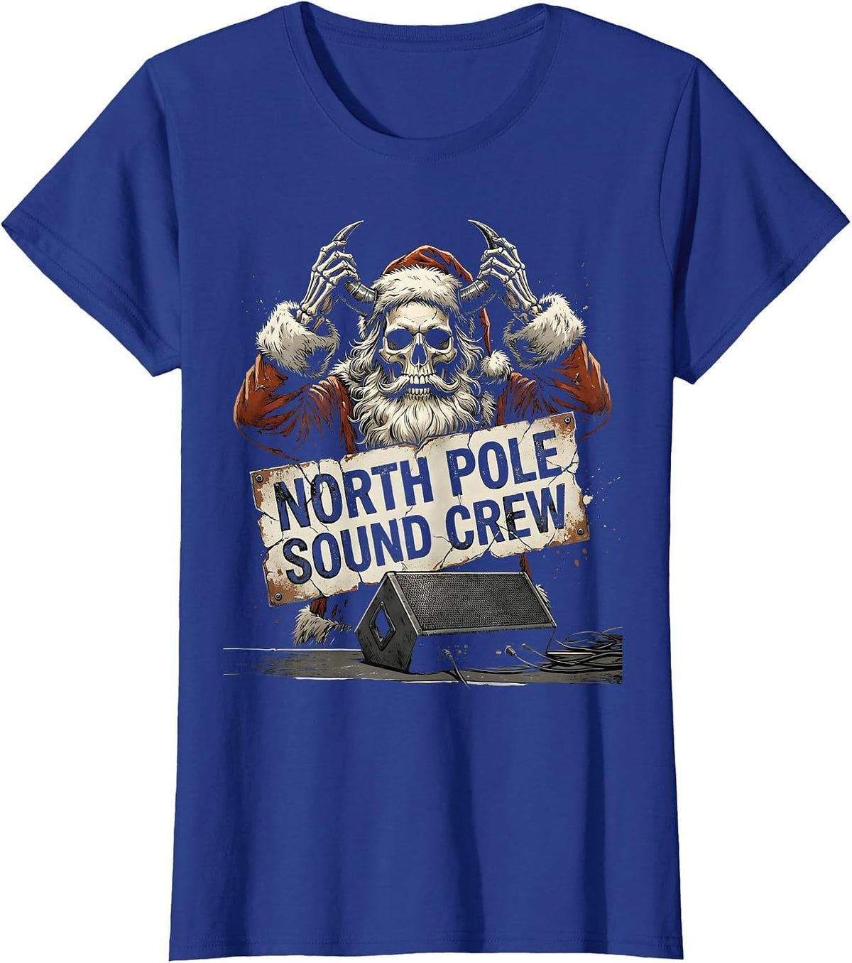 Women's North Pole Sound Crew Distressed Heavy Metal Santa Parody T-Shirt - Royal Blue