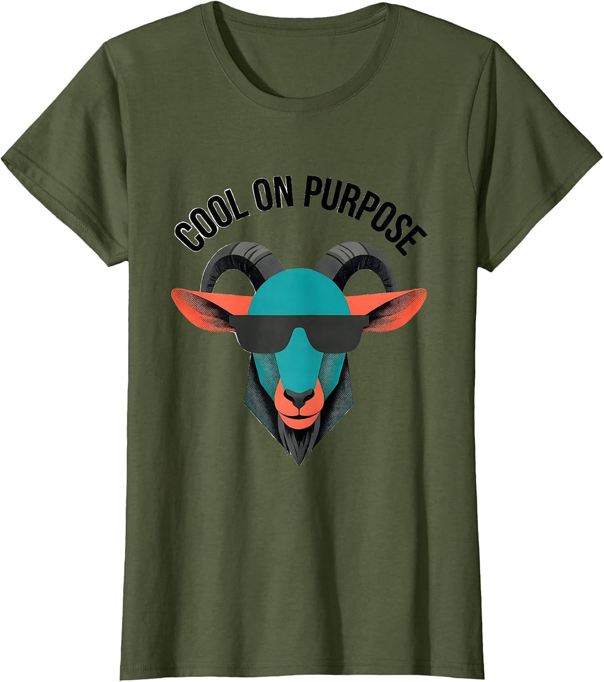 Women's Cool On Purpose Midcentury Modern Goat With Sunglasses Humor T-Shirt - Olive Green