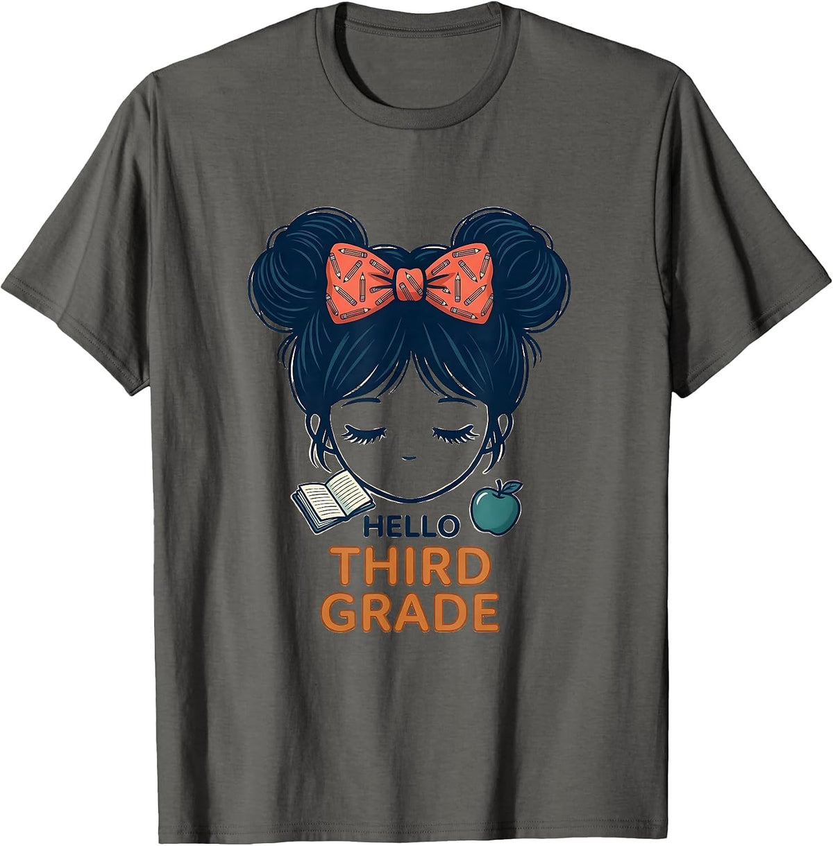 Hello Third Grade Back To School Messy Bun Girls Teacher T-Shirt - Asphalt Grey