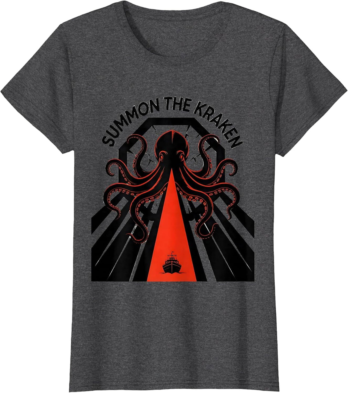 Women's Summon The Kraken Constructivist Poster Octopus Lover T-Shirt - Dark Heather Grey
